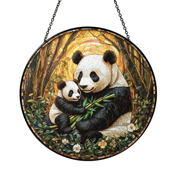 Panda Illustration Stained Glass Style Window Decor