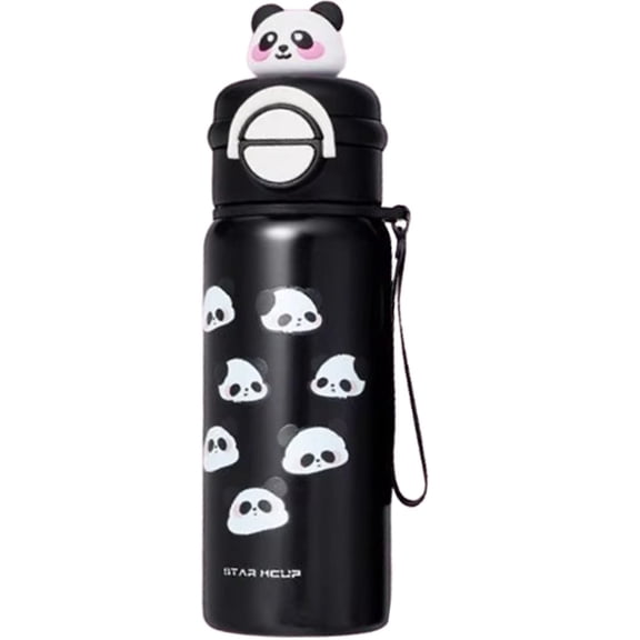 Panda Insulated Water Bottle, Leak Proof Double Straw Drinking Water Cup Reusable Stainless Steel Flask Vacuum with Straw 550ml