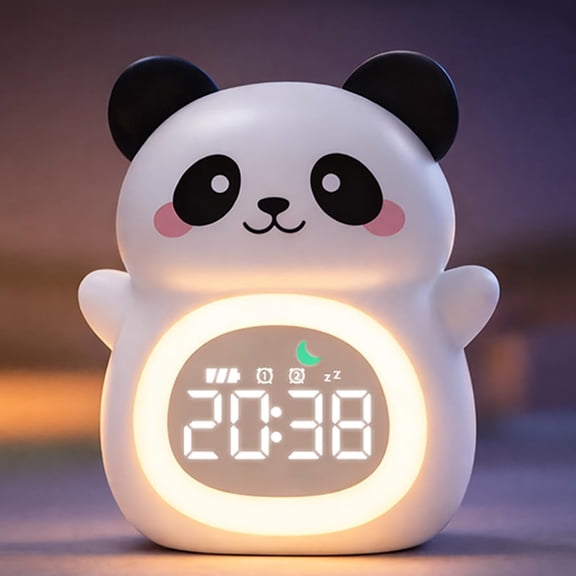 Panda Kids Alarm Clock, Sun & Moon Sleep Trainer for Toddlers, Cute Animal OK to Wake Clock with 9 Color Night Light, 6 Soothing Sounds, Dual Alarm, for Boys & Girls