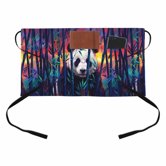 Panda Kitchen Restaurant Half Waist Apron, Forest Animal Sunset Mysterious Realistic Server Short Apron with 3 Pockets Waterproof Oil Waist Aprons for Women Waitress Waiter