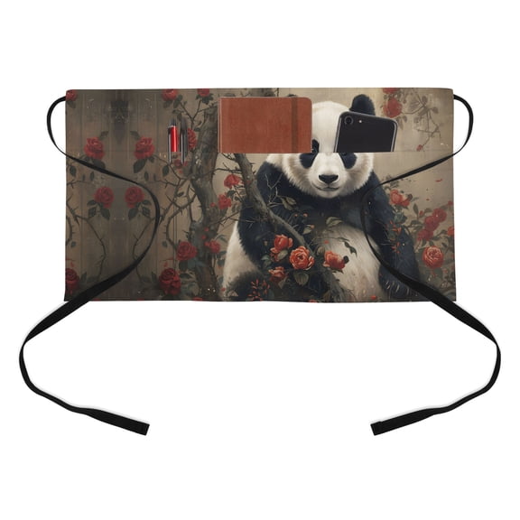 Panda Kitchen Restaurant Half Waist Apron, Red Roses Animal Floral Vintage Server Short Apron with 3 Pockets Waterproof Oil Waist Aprons for Women Waitress Waiter