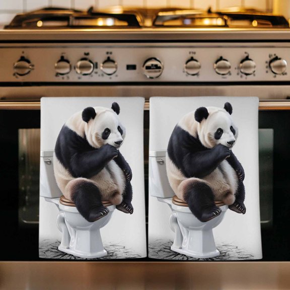 Panda Kitchen Towels Set of 1, Modern Animal Sit on Toilet Flowers Oil Painting Absorbent Dish Towels for Kitchen, Microfiber Hand Towel, Quick Drying Tea Towel for Cleaning Decorative Dishcloths