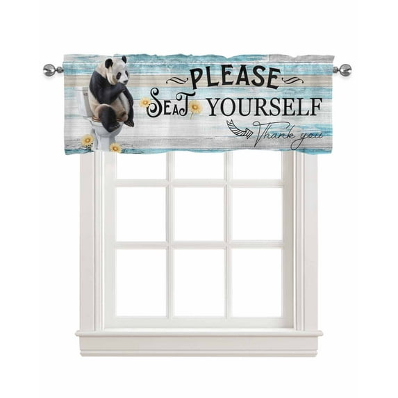 Panda Kitchen Valances for Windows Farmhouse Linen Window Valance Curtain for Living Room Window Treatment Animal Sit on Toilet Flowers Oil Painting Art Valance Rod Pocket Topper Drape, 42 x 18 Inch