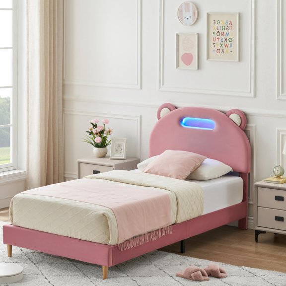 Panda LED Twin Bed Frame with APP Control - RGB Lights, Pink Upholstery