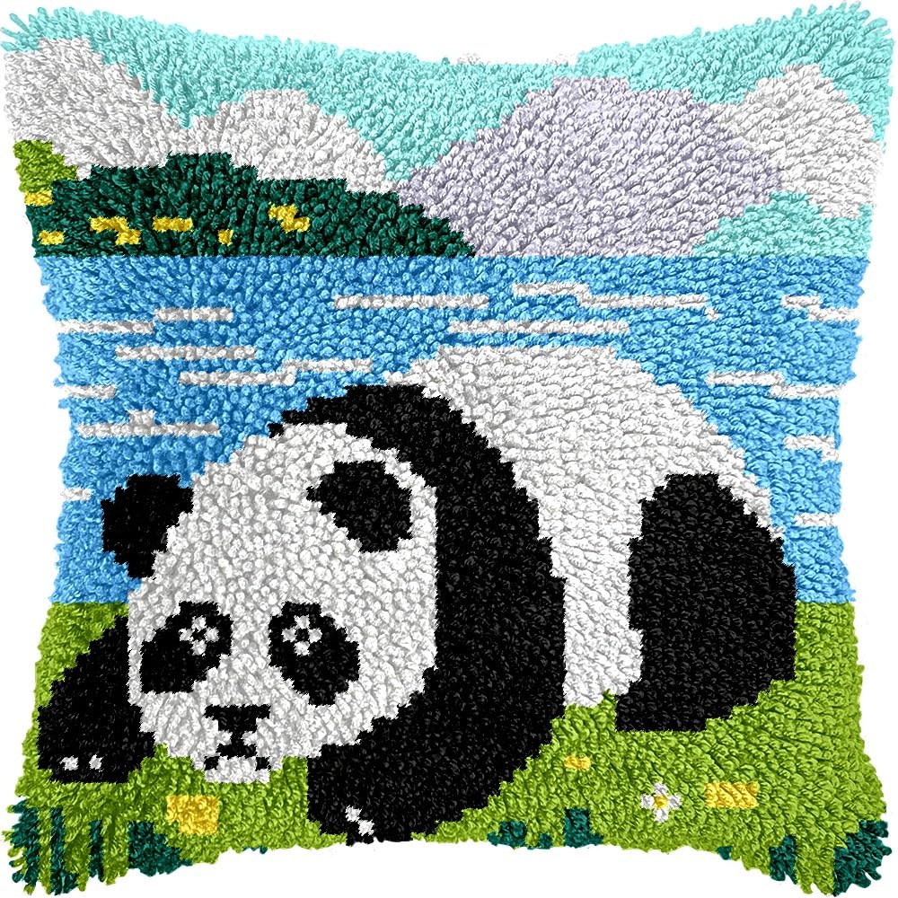 Panda Latch Hook Pillow Cover Kits for DIY Handmade Throw Pillow Cross Stitch Latch Hooking Pillowcase Kits with Preprinted Color Pattern Canvas Crochet Yarn Kits 17''X 17''(8-197)