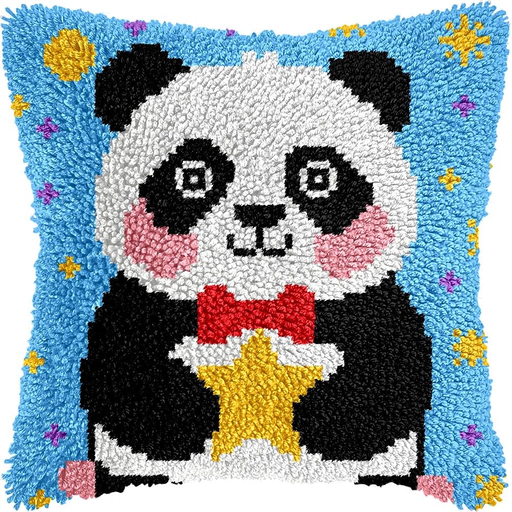 Panda Latch Hook Pillow Cover Kits for DIY Handmade Throw Pillow Cross Stitch Latch Hooking Pillowcase Kits with Preprinted Color Pattern Canvas Crochet Yarn Kits 17''X 17''(7-237)