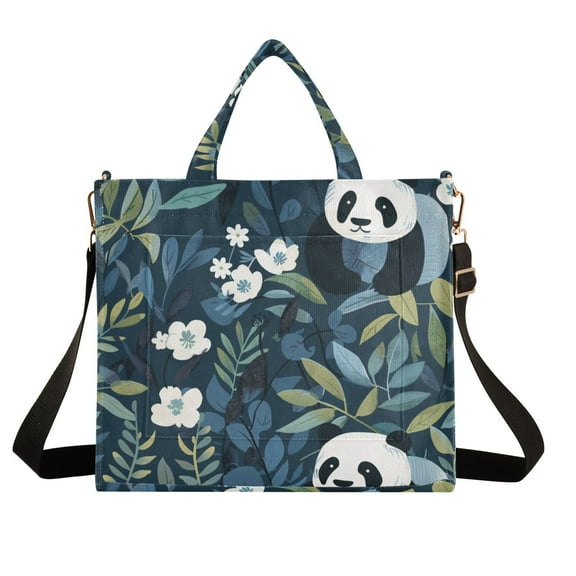 Panda Leaves Bear Corduroy Tote Bag Handbag Large Messenger Bag Shoulder Crossbody Zipper Bag Purse