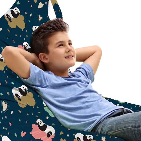 Panda Lounger Chair Bag, Doodle Style Characters with Hearts Stars and Polka Dots, High Capacity Storage with Handle Container, Lounger Size, Blue Multicolor, by Ambesonne
