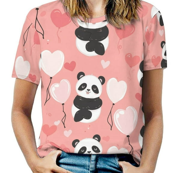 Panda Love Balloons Women's Short Sleeve T-Shirt Crew Neck Casual Summer Trendy Loose Fit Tops