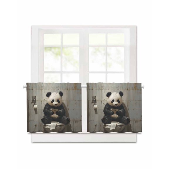 Panda Mobile Phone Short Blackout Curtains 30 Inch Long,Traditional Gray Animal Pattern Art Rod Pocket Kitchen Curtains,2 Panels Thermal Insulated Room Darkening Drapes for Bedroom,30"Wx30"L