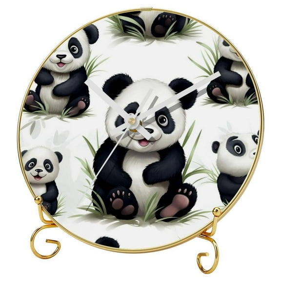 Panda Modern Round Wall Clocks with Printed Design, Hooks, and Gold Stand - Silent Non Ticking Clocks for Home and Office