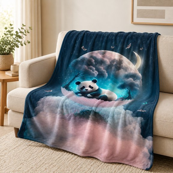 Panda Moon Fleece Blanket, 280 GSM Polyester Throw, Night Sky Print