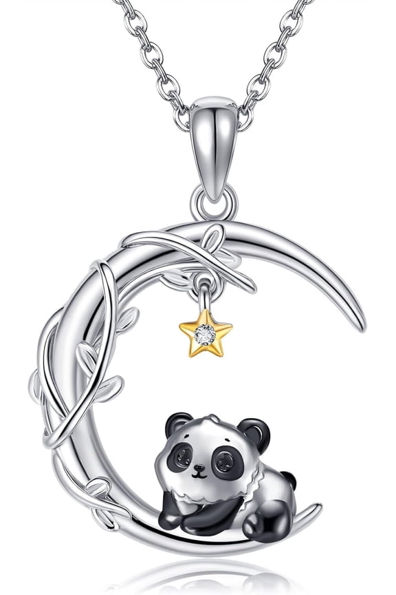 Panda Necklace 925 Sterling Silver Panda Pendant Moon Necklace Jewelry Gifts for Women Animal Lovers
