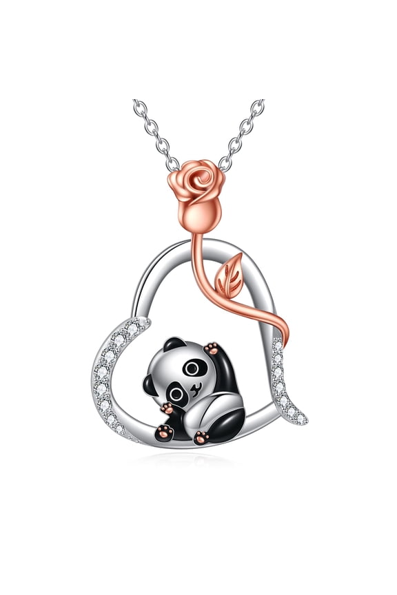 Panda Necklace Sterling Silver Rose Heart Pendant Necklace Animal Jewelry Gifts for Women