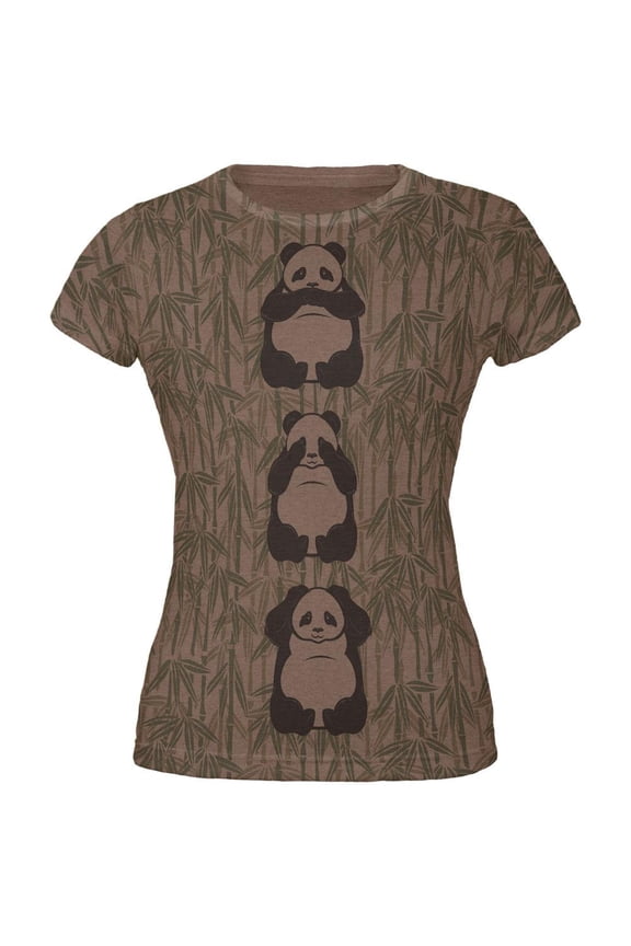 Panda No Evil All Over Heather Brown Juniors Soft T-Shirt - Medium