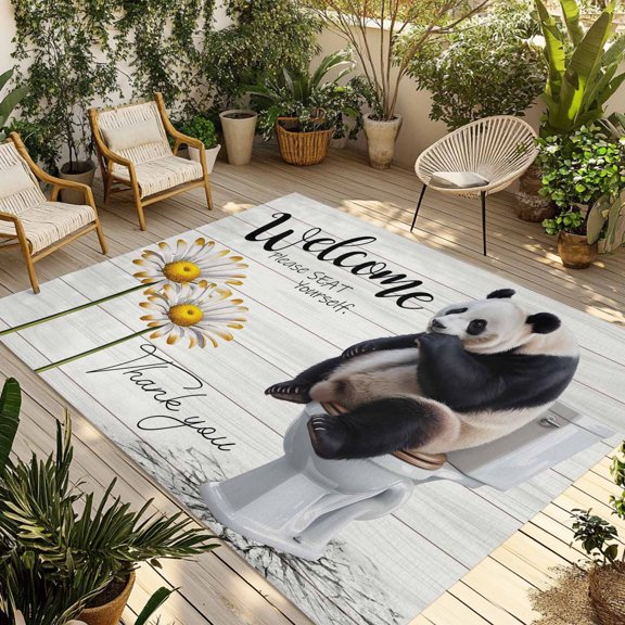 Panda Outdoor Rug 3x5 Ft - Reversible Patio Rug Outdoor Camping Rugs, Country Animal Sit on Toilet Daisy Oil Painting Washable Indoor Outdoor Area Rugs, Non-Slip Outdoor Carpet Runner for Deck/Porch