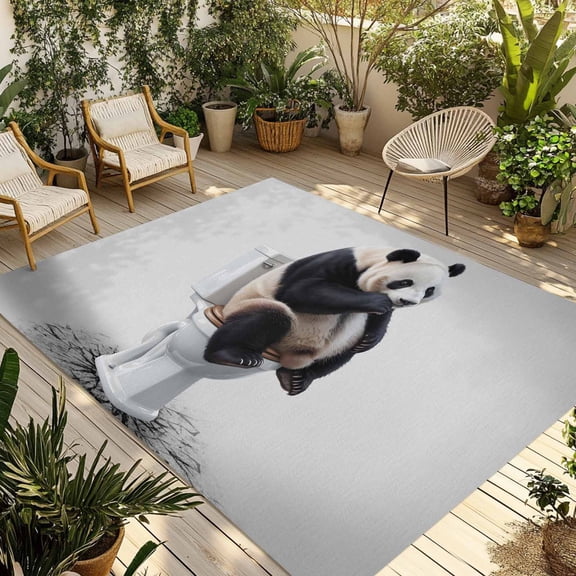 Panda Outdoor Rug 3x5 Ft - Reversible Patio Rug Outdoor Camping Rugs, Modern Animal Sit on Toilet Flowers Oil Painting Washable Indoor Outdoor Area Rugs, Non-Slip Outdoor Carpet Runner for Deck/Porch