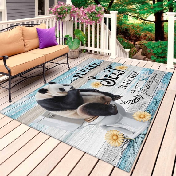 Panda Outdoor Rug for Patio/Deck/Porch, Non-Slip Large Area Rug 3 x 5 Ft, Animal Sit on Toilet Flowers Oil Painting Art Indoor Outdoor Rugs Washable Area Rugs, Reversible Camping Rug Carpet Runner