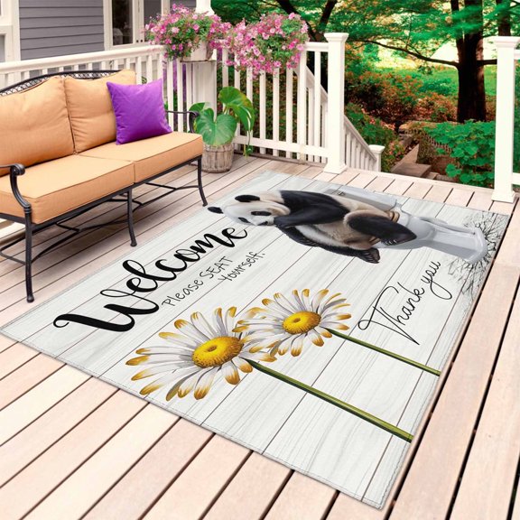 Panda Outdoor Rug for Patio/Deck/Porch, Non-Slip Large Area Rug 3 x 5 Ft, Country Animal Sit on Toilet Daisy Oil Painting Indoor Outdoor Rugs Washable Area Rugs, Reversible Camping Rug Carpet Runner