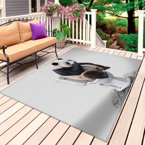 Panda Outdoor Rug for Patio/Deck/Porch, Non-Slip Large Area Rug 5 x 7 Ft, Modern Animal Sit on Toilet Flowers Oil Painting Indoor Outdoor Rugs Washable Area Rugs, Reversible Camping Rug Carpet Runner