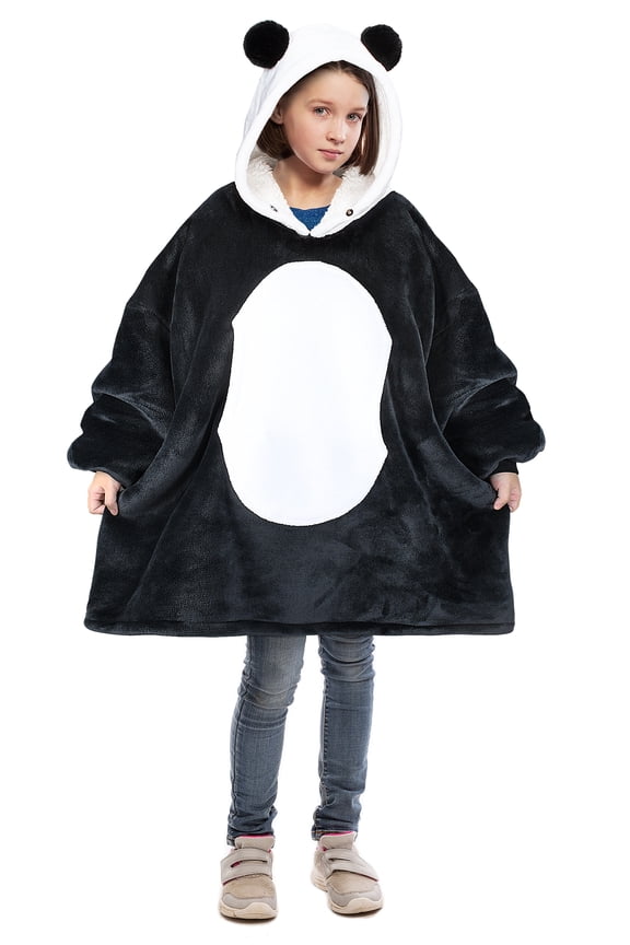 Panda Blanket Hoodie Sweatshirt for Kids, Oversized Wearable Sherpa Pullover for 7-16 yr Teens Youth, Gift Idea