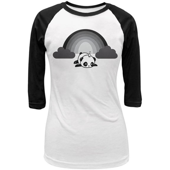 Panda Pandicorn Emo Sad Rainbow Juniors 3/4 Sleeve Raglan T Shirt White-Black SM