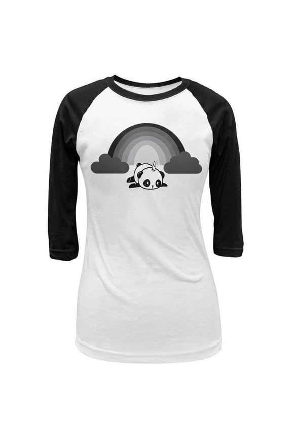 Panda Pandicorn Emo Sad Rainbow Juniors 3/4 Sleeve Raglan T Shirt White-Black SM