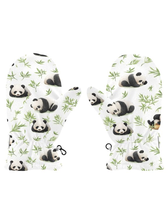 Panda Pattern Cold Weather Mittens Warm Thick Fleece Lined Adjustable Snow Outdoor Winter Small Ages 2-4