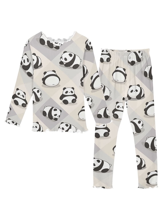 Panda Pattern Long Sleeve Snug Fit Pajama Set 2 Piece Soft Warm Fleece Top and Pants Sleepwear PJs