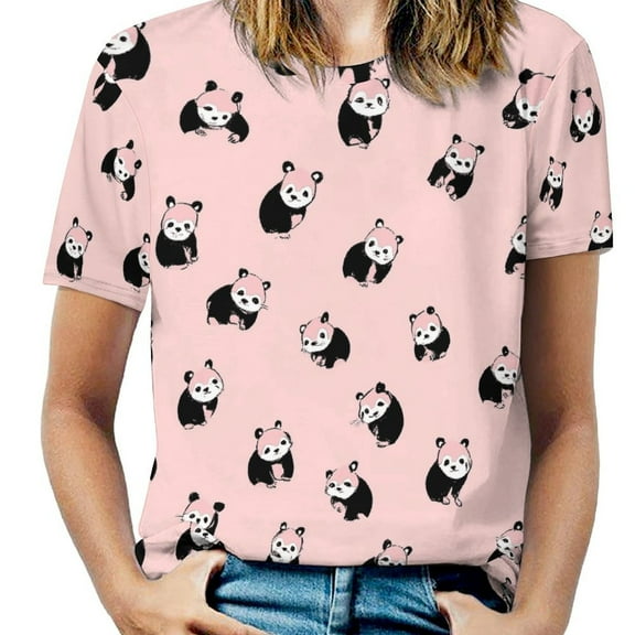 Panda Pattern Pink-2 Womens Tops Women's Fashion Casual Short Sleeve Flower Print Round Neck Pullover Top Blouse