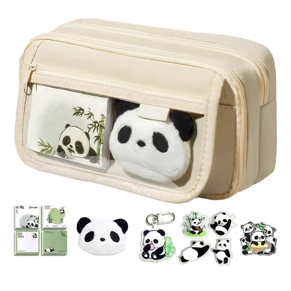 Panda Pencil Case, Large Capacity Cute Pencil Case with Stickers Brooch Keychain