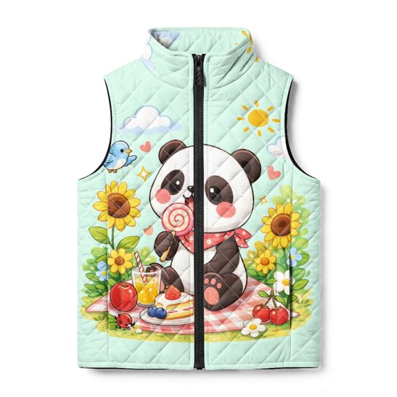 Panda Picnic Party KidsVest, Full Zipper Sleeveless Gilet, 11-12Y, Kids Lightweight Vest with Pockets, Sleeveless Jackets, Stand Collar, Quiletd Outerwear Jacket, Fall Winter Outfits