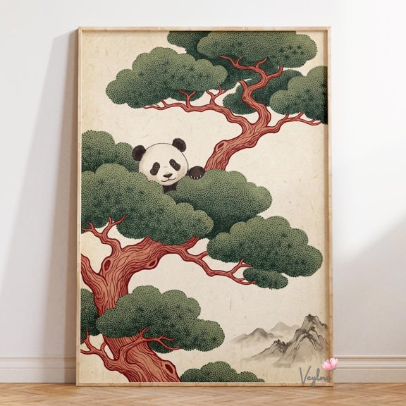 Panda Pine Tree Japanese Wall Decor