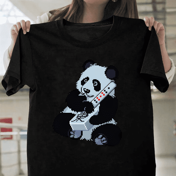 Panda Pixel Mahjong Cute Gamer Animal Tile Gaming Graphic Unisex T-Shirt, for men & women, up to size 5XL.