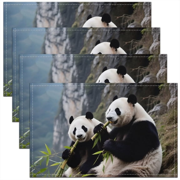 Panda Placemats Set of 4 18"x12" Cute Animal Table Mats for Kids Boys Girls Decor Black White Panda Bear Printed Bamboo Place Mat for Kitchen Dining Room Decor