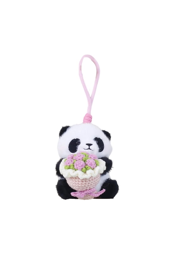 Panda Plush Toy Holding Rose Bouquet Cute Stuffed Animal Doll with Crochet Flowers Keychain Pendant for Valentine Gift Romantic Proposal