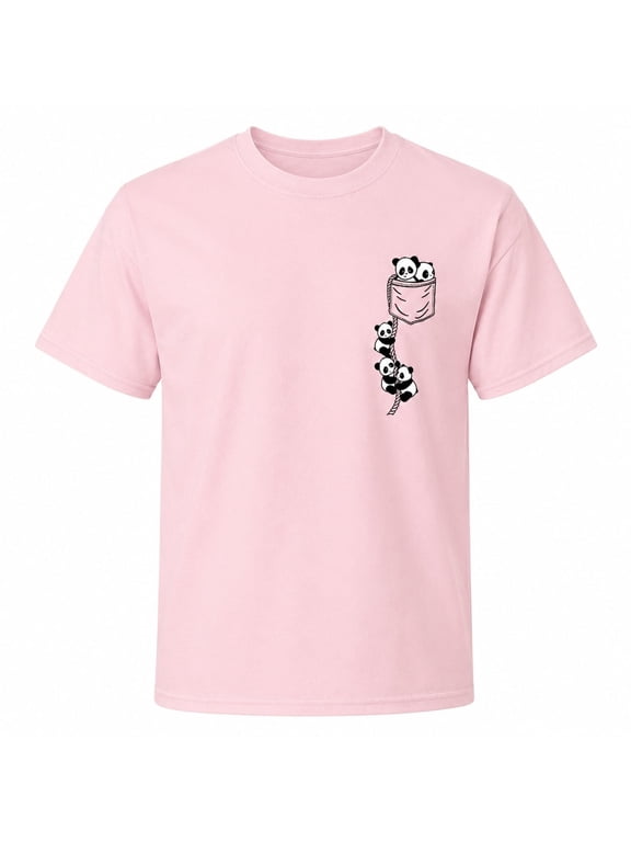 Panda Pocket Graphic T-Shirt for Women, Cute Cartoon Crewneck Short Sleeve Tee, S-4XL