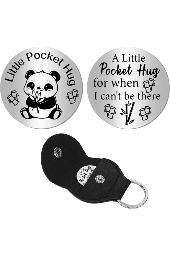 Panda Pocket Hug Token Long Distance Relationship Keepsake Stainless Steel Double Sided with PU Leather Keychain Gift for Boyfriends Bestie Friends Valentine Christmas 1.2x1.2 Inch