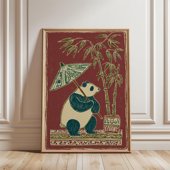 Panda Poster, Red Background Asian Folk Art, Bamboo Panda Scene, Poster Only