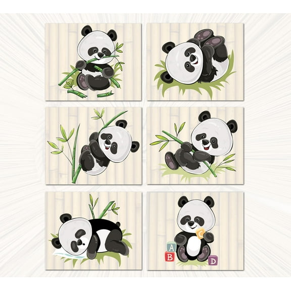 Panda Prints - Set of 6 - Adorable Baby Panda Wall Decor Art Prints - Size is 8 X 10 - Bedroom, Playroom, Nursery or Office - Unframed