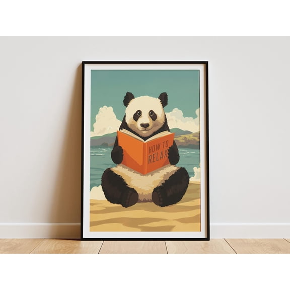 Panda Reading Book On Beach Vacation Relaxing Scene Nature Landscape Poster Unframed Paper Print