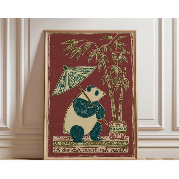 Panda Red Background Asian Folk Bamboo Panda Scene Wall Art, Unframed Paper Poster 8x10in