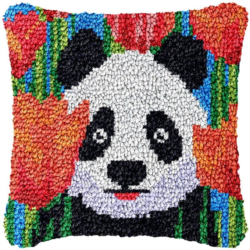 Panda with Red Flowers Latch Hook Pillow Cover Kits for DIY Handmade Throw Pillow Cross Stitch Latch Hook Pillowcase Rug Kits with Preprinted Color Pattern Canvas Crochet Yarn Kits 17''X 17''(ch160)
