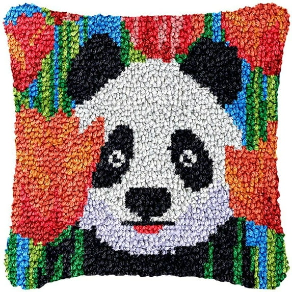Panda with Red Flowers Latch Hook Pillow Cover Kits for DIY Handmade Throw Pillow Cross Stitch Latch Hook Pillowcase Rug Kits with Preprinted Color Pattern Canvas Crochet Yarn Kits 17''X 17''(ch160)