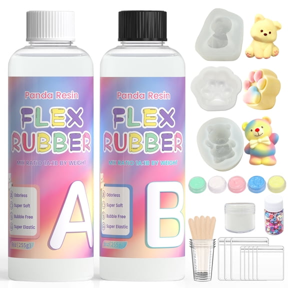 Panda Resin 18 oz Flex Rubber Squishy Kit, Sticky Soft with Mold & Flocking Powder for DIY Stress Relief Toys