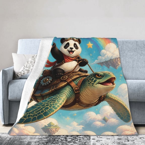 Panda Riding Turtle Blanket Cozy Soft Fleece Blanket Gift for Home Decor 50x40