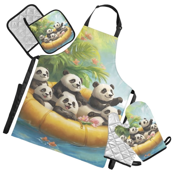 Panda River Adventure Oven Mitts and Pot Holders with Chef Apron Set 5 Pcs Kitchen Cooking Set
