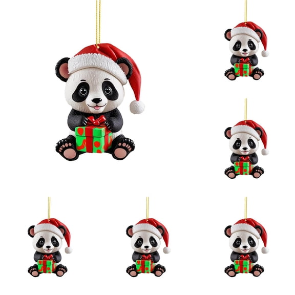 Panda with Santa Hat Christmas Ornaments 2D Acrylic Cute Cartoon Xmas Tree Hanging Decorations for Holiday Party New Year Supplies Home Decor and Panda Lover Gifts, 6PCS