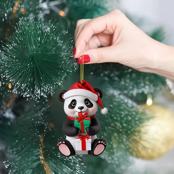 Panda with Santa Hat Christmas Ornaments 2D Acrylic Cute Cartoon Xmas Tree Hanging Decorations for Holiday Party New Year Supplies Home Decor and Panda Lover Gifts, 1PC