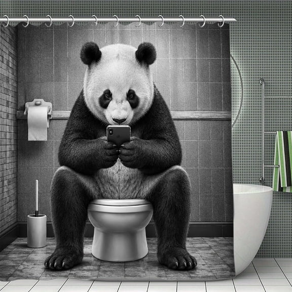 Panda Selfie Toilet Dark Tiles Print Shower Curtain,Cloth Fabric Waterproof Polyester Bathroom Home Decor Set with Hooks